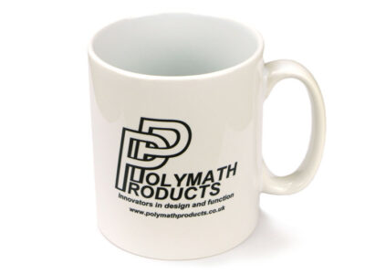 White ceramic mug with the Polymath Products logo in black print, with the tagline 'Innovators in design and function', and website address www.polymathproducts.co.uk