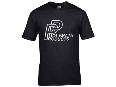 Black cotton T-shirt with the Polymath Products logo in white. T-shirt is on a plain white background.