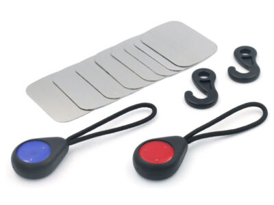 A full kit of two MagLoops, one red and one blue, eight self-adhesive steel plates, and two plastic hooks, laid on a plain white background.