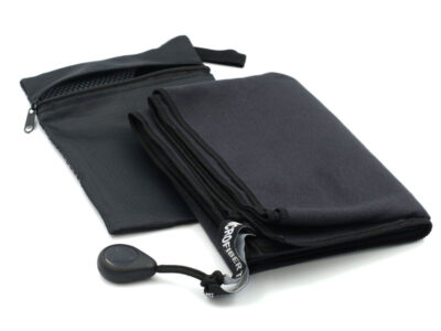 The microfibre towel with magnet attachment, and storage pouch, on a plain white background.