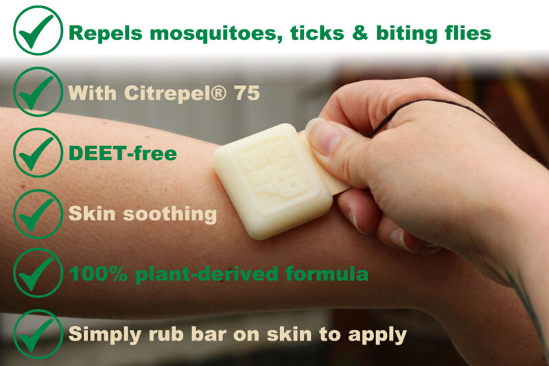 Bug Bar Solid Insect Repellent Bar being applied to the skin, with captions advising that it is DEET-free and repels mosquitoes, ticks & biting flies.