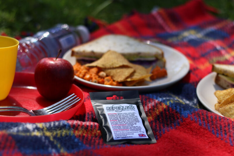 Repellets Compact Insect Repellent Wipes in their packaging on a picnic blanket outdoors.