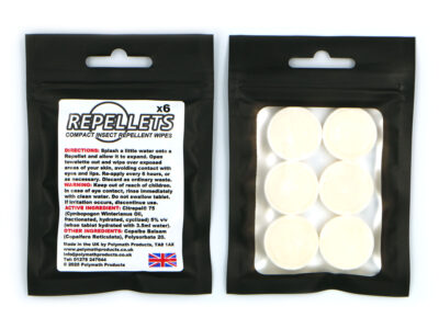 Repellets Compact Insect Repellent Wipes, in their packaging, on a plain white background.